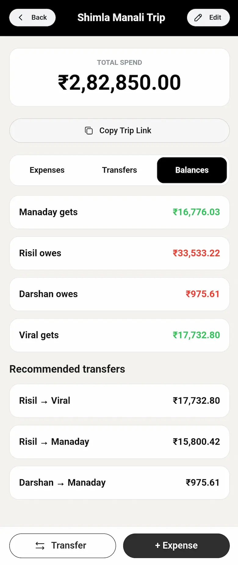 Split Pilot balances showing who gets, who owes, and recommended transfers.