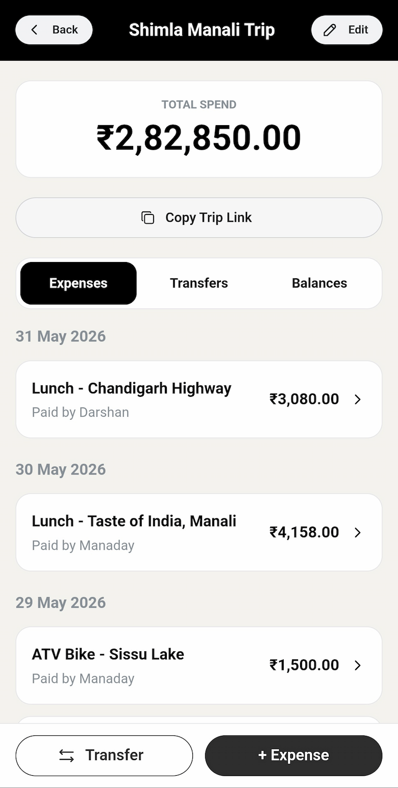 Split Pilot trip overview showing total spend, copy trip link, and expenses.